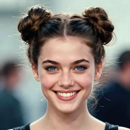 a vivid color portrait of a smiling female with two buns hairstyle, light skin and big blue eyes, soft cinematic lighting, shallow depth of field, photograph by annie leibovitz, 4k