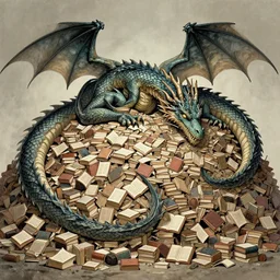 A huge dragon sleeping on a huge pile of tiny books, by Jody A Lee.
