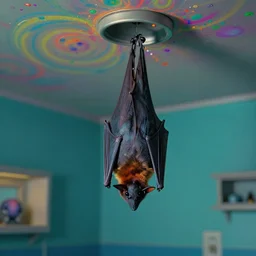 a bat hanging upside down from the ceiling of a mental hospital, melancholy, psychedelic!, beautiful composition, beautiful vibrant colors, masterpiece