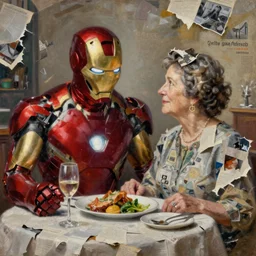 iron man having lunch with his mother, intricate, detailed, torn paper decollage, oil on canvas by edward hopper, ( by mattias adolfsson ), by moebius