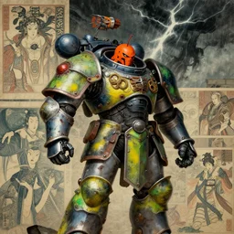 composition of gothic and futuristic, warhammer, cyber japan armor, more and more scars, thunderstorm, orange head, some yellow green and blue, the middle ages, highly detailed, artstation, in the style of moebius, jugendstil and classic japanese print, art by andre le notre and greg rutkowski, compositon by jean delville