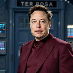 Elon Musk as as the Doctor in his burgundy costume in the Tardis secondary control room