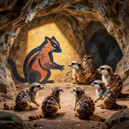 several species of small furry animals gathered together in a cave and grooving with a pict, complementary colors