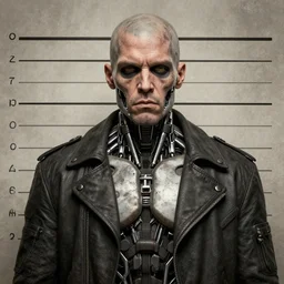 A mugshot of a cyborg criminal, 4k detailed hyperrealistic digital photo by Beeple, Gustave Dore, Artstation, CGsociety
