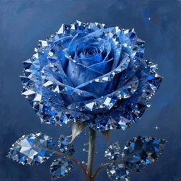Panorama hyper detailed painting of a blue rose flower made of crystals, dark blue tones, dreamy, 8 mm, highly detailed, digital painting, artstation, concept art, smooth, sharp focus, illustration, art by artgerm and greg rutkowski and alphonse mucha