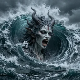 the face of a demonic goddess made of a massive wave in the sea, screaming as the dark and hellish storm spirals the ocean into a dark hole in the earth, hyper realistic, hyper detailed, 5 0 mm, octane render, mythological