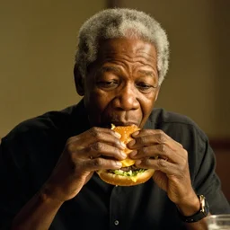 a film still of Morgan Freeman eating a burger in The Big Lebowski, dramatic lighting