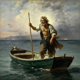 painting of wise man as a fisherman on a small boat by the coast by bouguereau and jeremy mann, dynamic lighting