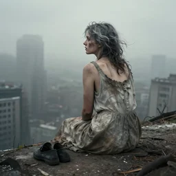 Once beautiful woman, ruined, hair undone, dirty gray balayage, badly sagging dress, her shoes in front of her, by Carel Willink, staring out over a city scape, post apocalyptic atmosphere,high ground perspective, volumetric fog, Atmospheric lighting, dreadful vibes 8K UHD