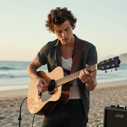 Shawn Mendes en la playa tocando la guitarra