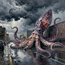 raining. dark clouds with stormy squid tentacles in sky. very low angle. very detailed painting by lucian freud, futuristic. dreamlike. weird. horrific. wet asphalt. city street at 1 9 5 0 s. low angle. old photo. atmospheric. skyscrapers. vivid colours, mysterious. epic scene. trending on trainstation. 4 k. very high detailed.
