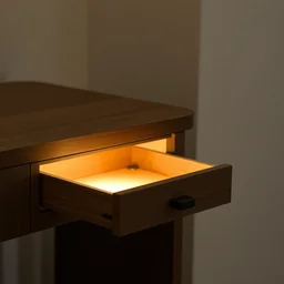 a table with a drawer open and a light shone from inside the drawer
