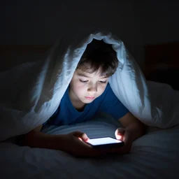 a far away photo of a 1 6 - year - old boy laying in his bed with the lights turned off, his covers on looking at phone while the light from his phone shows his face, digital art