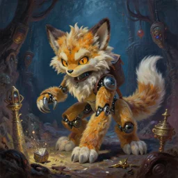 robotic anthro lynx fursona adventurer with fluffy fur and big floofy feet is hunting for treasures in the grimdarkest dungeon depths, enchanted magical fantasy cyberpunk. oil painting, by james gurney, dan mumford, wayne reynolds, ron spencer