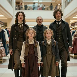 sharp, highly detailed, 4096k film, 7000mm frame still from a sci fi blockbuster color movie made in 2019, a family of four time travelers from 1860 travel in time to 2019, appearing in a shopping mall, looking surprised, the family are all wearing 1860s era clothes, cinematic lighting, in focus, cinematic still, high quality scan, in focus
