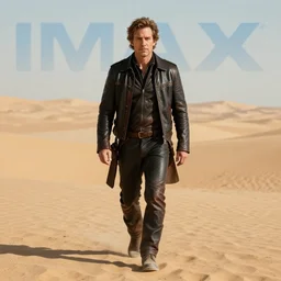 Picture of a single wanderer in black and brown leather clothes, wandering the desert landscape, full of wonderful things, portrayed by Bob Odenkirk, detailed face features, beautiful, frontal view, realistic, low fantasy, extremely detailed, trending on artstation, artstationHD, artstationHQ, cgsociety, HD, 8K, no hat, Cinema quality, award winning shot, cinematic, no extra characters, IMAX