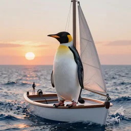 penguin on a sailing boat in the middle of the sea, sunset, 4k, sharp, detailed