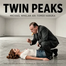 poster artwork by Michael Whelan and Tomer Hanuka, Karol Bak of portrait of Alfred Hitchcock in a large empty room, squatting hunched over, feeding on Janet Leigh body, from scene from Twin Peaks, clean