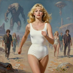 a mixed media painting of one very beautiful blonde woman fleeing from a distant colossus creature on an alien world, elegant, aesthetic!!! symmetrical face and eyes, sixties pinup, photorealistic, curvy by frank frazetta, donato giancola, boris vallejo, greg rutkowski, christian macnevin, white high waisted one - piece swimsuit