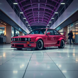 bmw m 1 inside a mall, professional photography, vaporwave