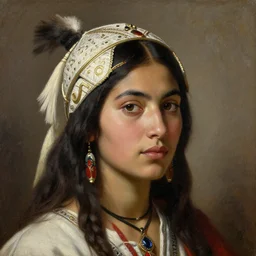 beautiful face women jibaro headhunter, coherent, detailed, intricate, neo - classic oil painting, arabic jacques - louis david 8 k resolution,