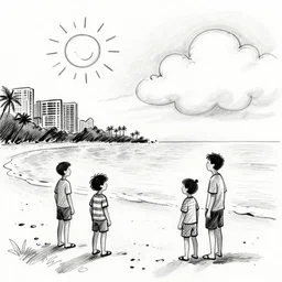 kids in hawai beach front, day sky with happy sun and cloud, sketch, draw, ink art, b & w, by james jean and david diao