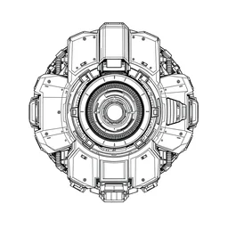 b & w technical drawing of a sci - fi machine, top view, sharp detail, line art