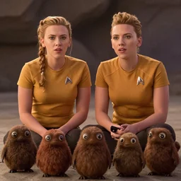 scarlett johansson and tribbles in a scene in the next star trek movie