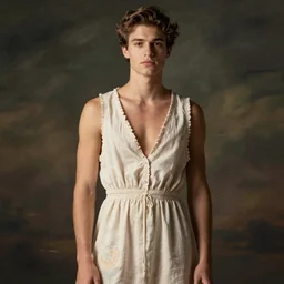 A very pretty young male model posing in a summer dress. Studio lighting
