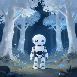a small glossy white humanoid robot stands on the ground in a clearing of a forest of softly glowing white trees at night. blue glow in trees. cyril roland naomi okubo. trending on artstation. digital painting.