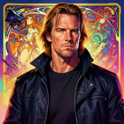 high quality illustration, jeff bridges lebowsky realistic portrait, by etam cru, cyberpunk, alphonse mucha, riot game, by surudenise, beautiful, epic camera, colorful background, arcane, league of legend, digital painting, dynamic colors, artstation, concept art, graffiti, neon