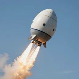 an spaceship shaped like an egg, blasting off into the sky, clear day, noon, photo, high resolution, 8 k, 7 0 mm,