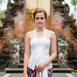 emma watson wearing kebaya bali in bali iconic place in bali. front view. instagram holiday photo shoot, 5 0 mm, hyper detailed