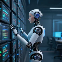 a robot woman guarding a wall of computers, cinematic, dramatic volumetric lighting, epic composition, high detail, Octane render