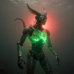 ( underwater ) middle length portrait of a glowing cyborg leshy, cinematic light, looking to the side off camera, backlight glow, green bright red, mist, by mikhail vrubel, by philippe druillet, by peter elson, by gerald brom, muted colors, extreme detail, trending on artstation, 8 k
