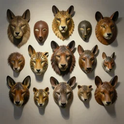 a painting of a collection of animal masks hanging on a wall, by julie bell, detailed, concept art, trending on artstation, low light, dramatic