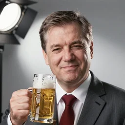 headshot propaganda photo of communist viktor orban winking with beer, studio lighting