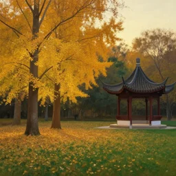 a beautiful painting of in the autumn dusk light, there are golden woods on the left, a chinese pavilion on the right, and fallen leaves on the grass by li sanjin and victo ngai