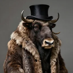 highly detailed portrait photo of an anthropomorphic mutant with the head of a musk ox, wearing a long fur coat and a top hat, hyperrealistic Illustration