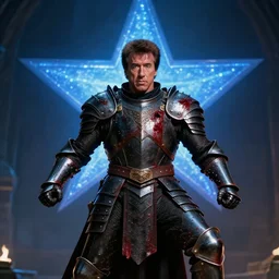 movie still frame, sylvester stallone as heroic fantasy armored knight with black armor covered in blood in epic pose, a blue shining star in the background, beautiful composition, 8 k, cgi, by ridley scott, zack snyder and michael bay