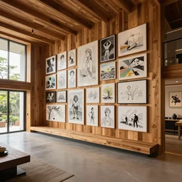 modern futuristic interior home design, Japanese wooden house with many art drawings on the wall, photorealistic, ultra-detailed, 4k high resolution, HDR shot, cinematic lighting