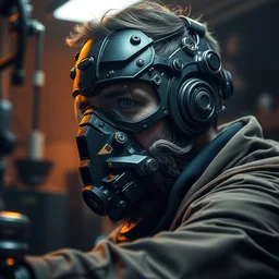 a rugged engineer man with cybernetic enhancements researching in the laboratory, detailed mask, scifi character portrait by greg rutkowski, esuthio, craig mullins, 1 / 4 headshot, cinematic lighting, dystopian scifi gear, gloomy, profile picture, mechanical, half robot, implants, steampunk, warm colors