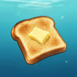 buttered burnt toast floating underwater, burnt, wet, cartoon
