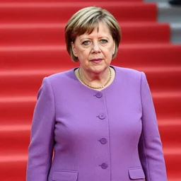 beautiful portrait commission of a cool Angela Merkel casual clothes in a cute purple dress. background is the red carpet. 3 point lighting. character design by charlie bowater, ross tran, artgerm, and makoto shinkai, detailed, inked, western comic book art