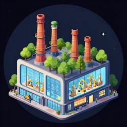 cute factory building with trees growing out of its chimneys and large windows showing network diagrams inside being assembled by machines, logo, digital art, drawing, in a dark circle as the background