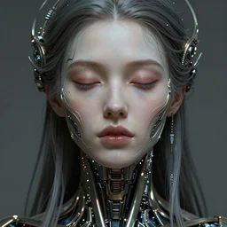 ultra realistic beautiful cyborg woman eyes closed, sci-fi, cyberpunk, intricate details, elegant, highly detailed, photorealistic, digital painting, octane render, concept art, eerie, 8k, art by artgerm and greg rutkowski and alphonse mucha