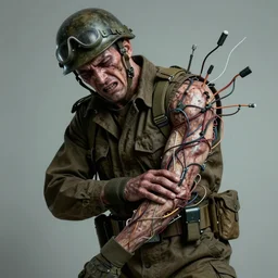 a soldier writhing in pain with wires and cables bursting out of their right arm in the style of h. r. giger / david cronenberg / zdzisław beksinski trending on artstation deviantart pinterest hyper detailed photorealistic highlights and shadow hd 8 k post - processing high resolution