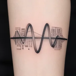 fine line art tattoo of a sine wave with abstract geometric patterns surrounding it, fine line tattoo, highly detailed, hd