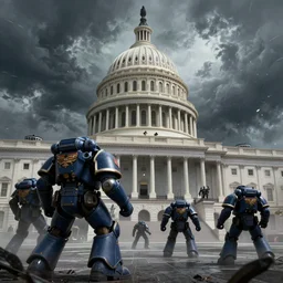 Warhammer Space Marines storming the US Capitol building on a stormy day art in the style of concept artist Craig Mullins.
