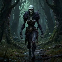 undead rogue walking trough dark forest of tirisfal glades from world of warcraft, unreal engine 5, tim burton, 3 d render, 4 k hd picture, trending on artstation, deviantart
